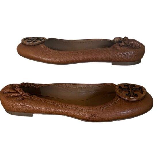 Tory Burch Women's Casual Shoes Reva Flat Tan Logo Leather Size 7 - Picture 5 of 10